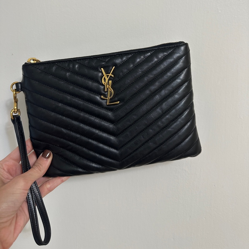 Yves Saint Laurent Black Chevron Clutch with Gold Accents